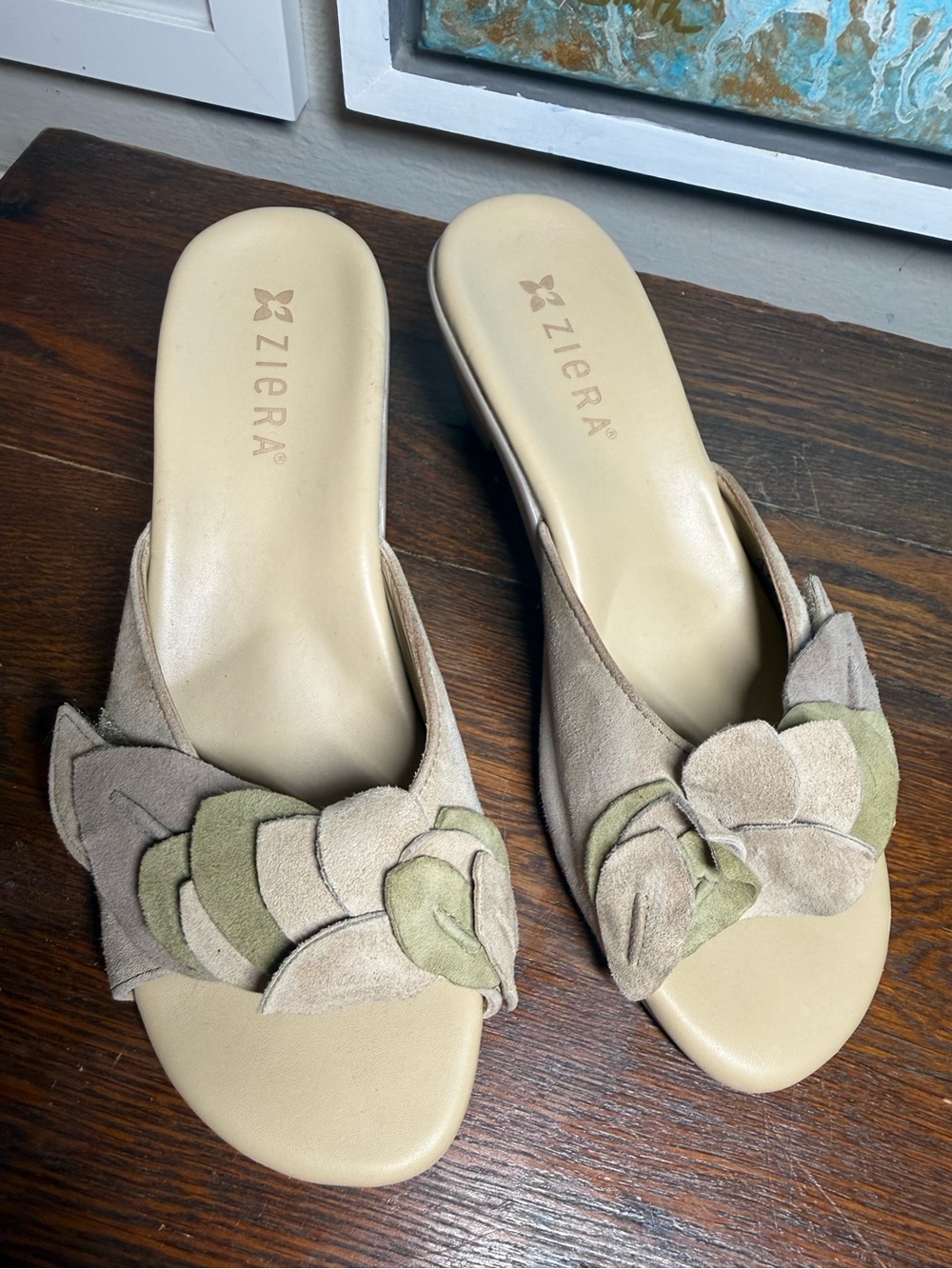 Ziera Beige Suede Slide Mules with Olive Petal Accent
